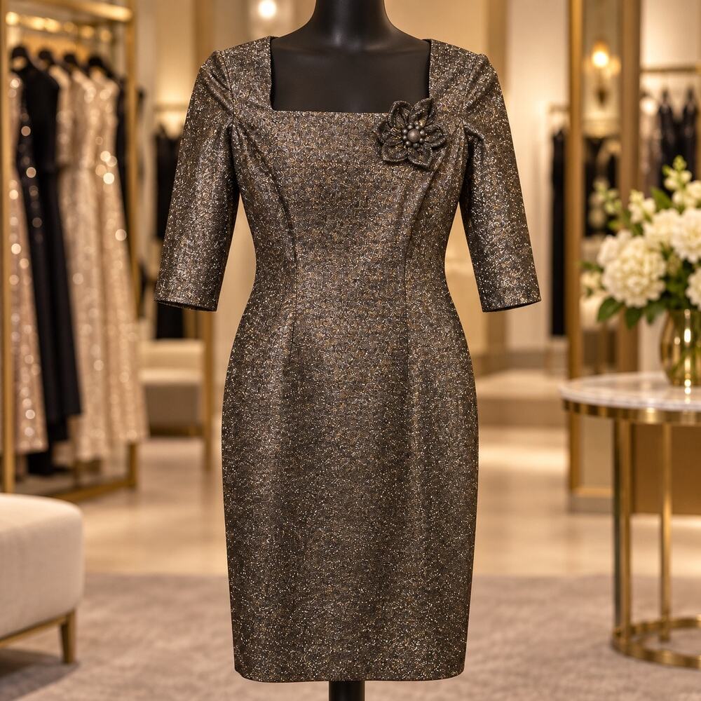 Rickie Freeman Teri Jon Gold Metallic Brocade Sheath Dress Brooch Size 4 Luxury